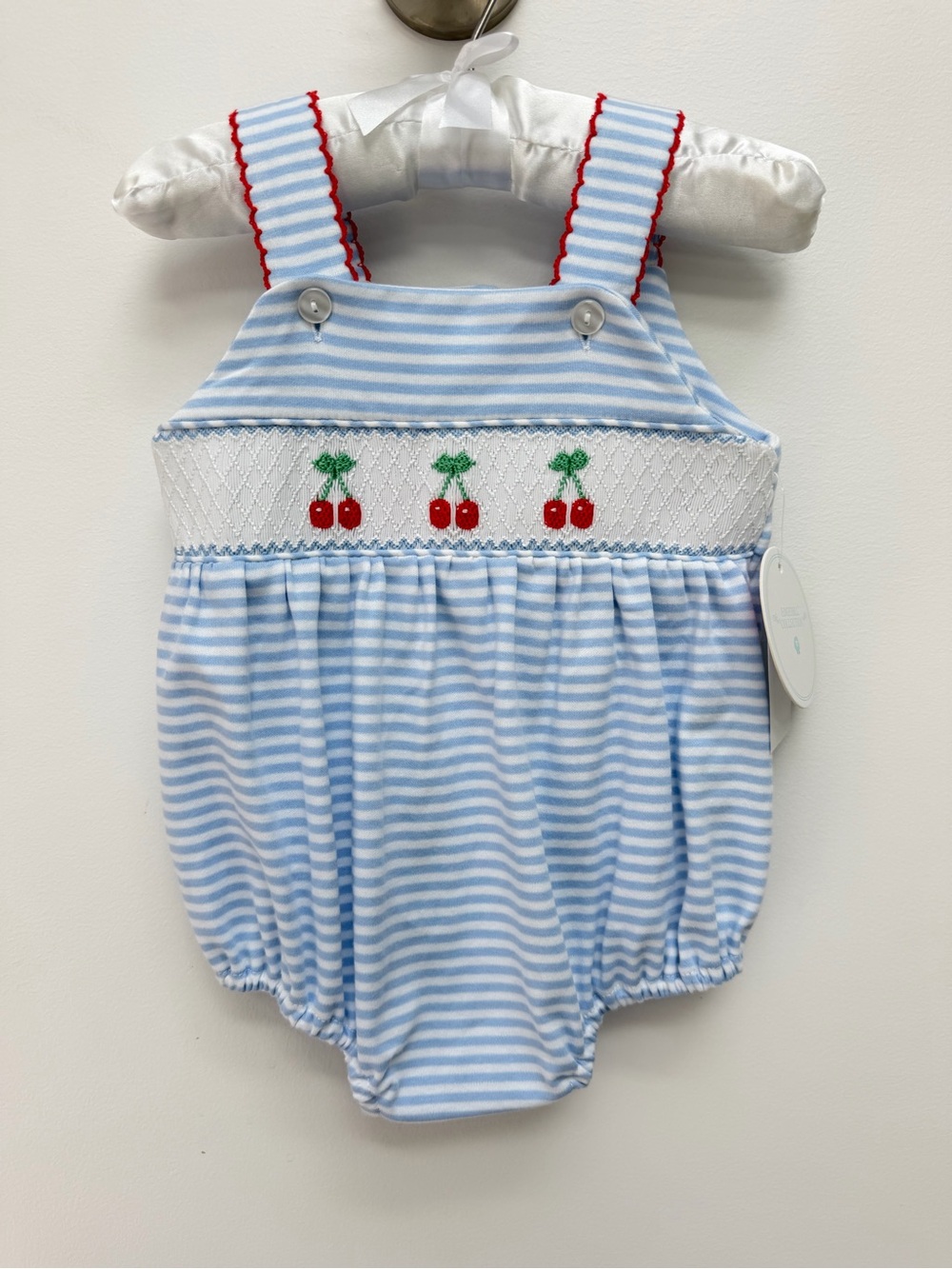 Edgehill Collection Blue Stripe Cherry Smocked Baby Bubble Romper